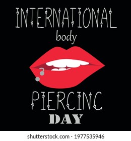 Vector illustration of a lip with white teeth and piercings in the lip.