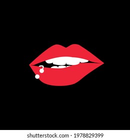 Vector illustration of a lip with white teeth and piercings in the lip.