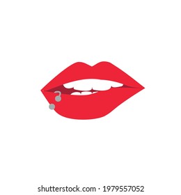 Vector illustration of a lip with white teeth and piercings in the lip.