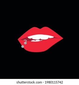 Vector illustration of a lip with white teeth and piercings in the lip.