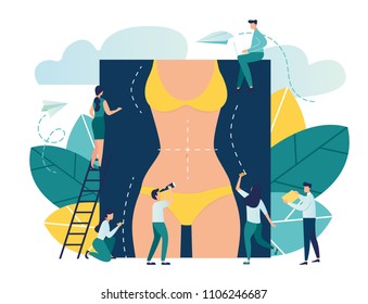 Vector illustration with liposuction surgery, preparation for surgery, dotted shape on body shape is drawn, female silhouette, front view
