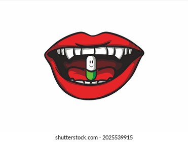 vector illustration of lips biting medicine pill