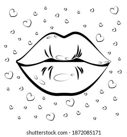 Vector illustration of lips with hearts in Doodle style.
