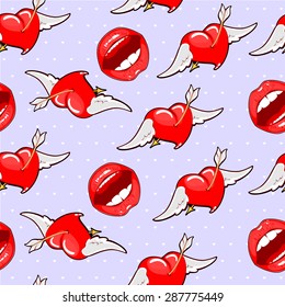 Vector illustration of lips and hearts. Seamless purple background in the bright red lip with flying hearts.