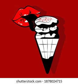 Vector illustration of lips and ice cream on a red background.