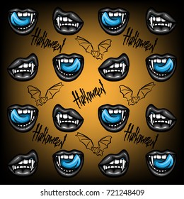 Vector illustration of lips isolated on black and orange background. Mouth with tongue, teeth, grin, with lettering Halloween and bat. Pattern in pop art style.