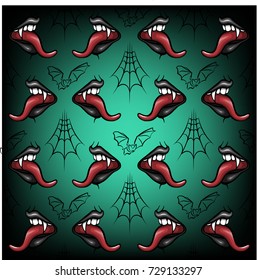 Vector illustration of lips isolated on black and green background. Mouth with tongue, teeth, grin, with  spiderweb and bat. Halloween pattern in pop art style.