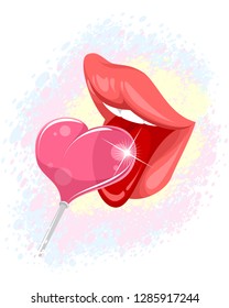 Vector illustration of lips and lollipop in shape of heart