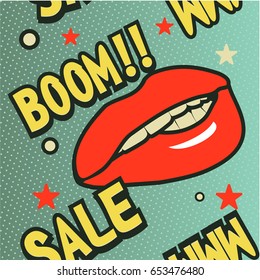 Vector illustration lips on seamless pattern in pop art style