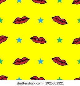 Vector illustration. Lips with stars isolated on a yellow background. Seamless patterns.
