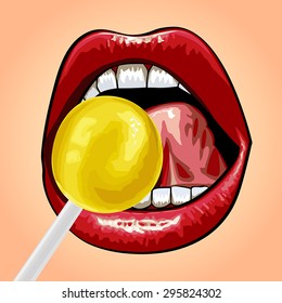Vector illustration of a lips with sweet sucking candy