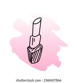 Vector illustration of lipstick. Black line doodle lipstick on pink blot