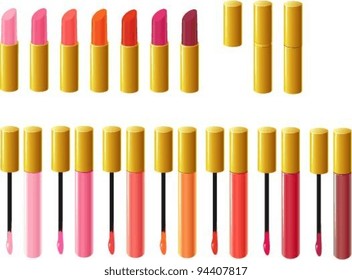 Vector illustration of lipstick and lip-gloss in 7 different colors.