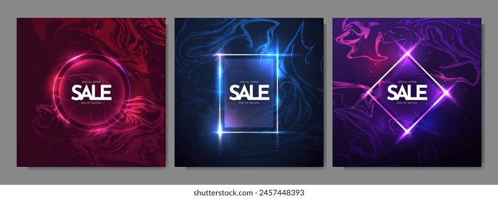 Vector illustration. Liquid effect background with light geometric banner. Dark gradient color banner set. Design elements for web template, music event advertising