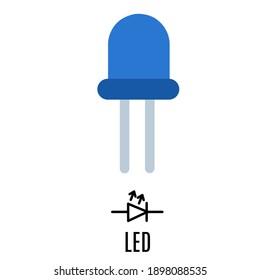 vector illustration of liquid emitting diode, led with symbol and name.  Illustration for Electronics.  Simple flat minimalist design.