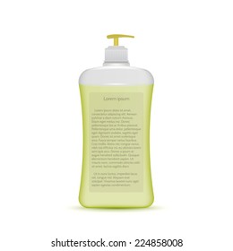 Vector illustration of liquid soap bottle. Transparent plastic bottle with yellow dispenser and liquid soap and sample text on. Isolated vector illustration on gray background.