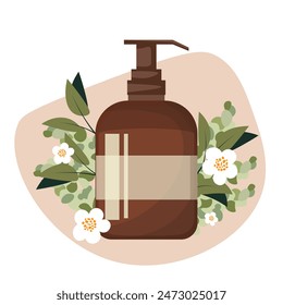 Vector illustration. Liquid soap, soap jar. Flowers. Organic cosmetics. Caring for beauty and health. Design element, icon, sticker. Flat design. White background, isolated vector.