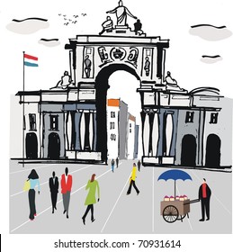 Vector illustration of Lisbon city square with old archway, Portugal.