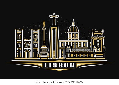 Vector illustration of Lisbon, dark horizontal poster with linear design famous lisbon city scape on dusk starry sky background, european urban line art concept with decorative letters for word lisbon