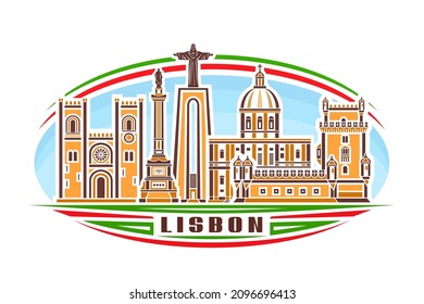 Vector illustration of Lisbon, horizontal logo with linear design orange lisbon city scape on day sky background, famous urban line art concept with decorative lettering for brown word lisbon on white