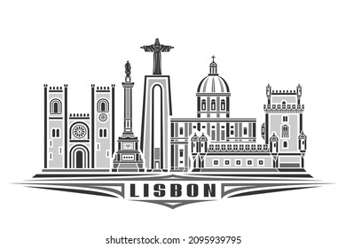 Vector illustration of Lisbon, monochrome horizontal poster with linear design lisbon city scape, urban european line art concept with decorative lettering for black word lisbon on white background