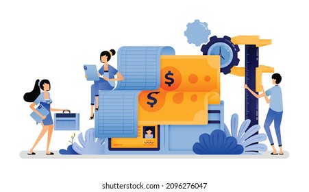 vector illustration of list of bills stored in wallet with tools. metaphor of improving household consumption behavior for short term expense. Can use for web website apps poster banner flyer homepage