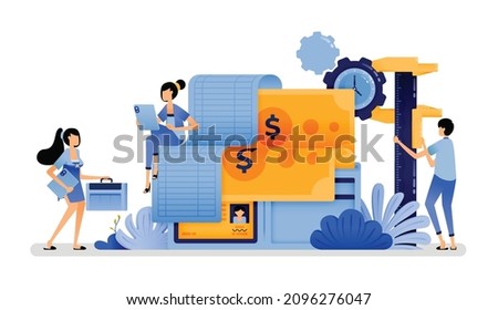 vector illustration of list of bills stored in wallet with tools. metaphor of improving household consumption behavior for short term expense. Can use for web website apps poster banner flyer homepage
