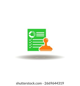 Ilustração vetorial da lista com diagrama e marcas de verificação, carimbo de borracha. Símbolo de aprovação. Ícone do documento aprovado.