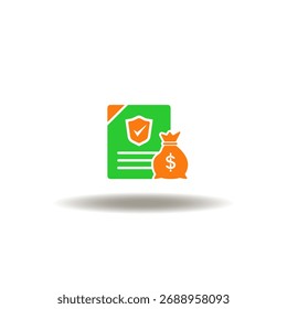 Ilustração vetorial de aplicativo de documento de lista com escudo com marca de verificação e saco de dinheiro. Símbolo de declaração. Ícone de apresentação de reivindicações financeiras.