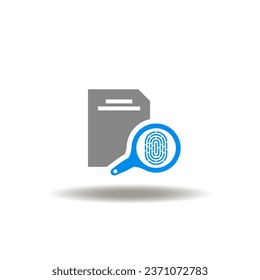 Vector illustration of list document with magnifier and fingerprint. Icon of criminal record. Symbol of investigation.