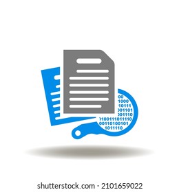 Vector Illustration Of List Of Paper With Magnifying Glass And Binary Numbers Zero One. Icon Of Information Silo. Symbol Of Digital Data Search, Analysis, Processing, Transformation.