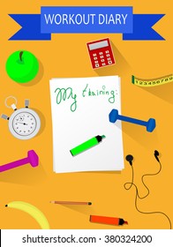 Vector illustration with list of paper for noting  daily exercise. Workout and fitness dieting copy space diary. Healthy lifestyle concept.