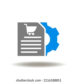 Vector Illustration Of List With Shopping Cart And Gear. Icon Of Procurement. Symbol Of Retail Product Or Shopping Goods Supply Chain Management And Delivery.