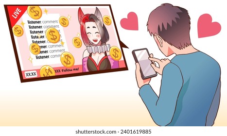 Vector illustration of a listener throwing money at a VTuber's live stream.