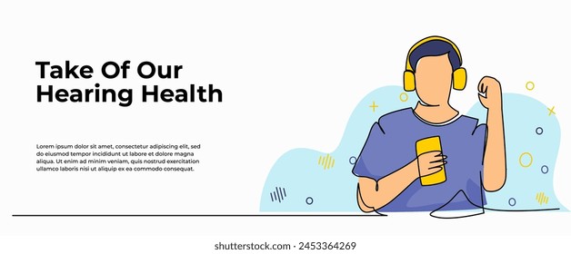 Ilustración vectorial de escuchar música con auriculares. Moderno piso en estilo de línea continua.