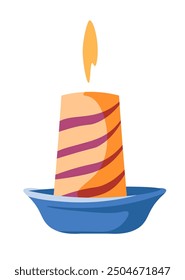 Vector illustration of a lit candle with orange and purple stripes, placed in a blue holder, isolated on a white background. Perfect for cozy decor, holiday designs, or relaxation themes.