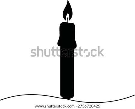 Vector illustration of lit candle silhouette above wavy line, minimalist symbol of light, warmth, remembrance, and reflection concept