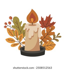 Vector illustration of a lit candle. The candle is surrounded by autumn leaves and berries, creating a warm and cozy atmosphere.