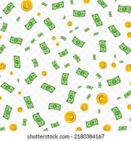 Vector illustration of Litecoin currency. Random pattern of banknotes and coins in green and gold colors on transparent background (PNG). 