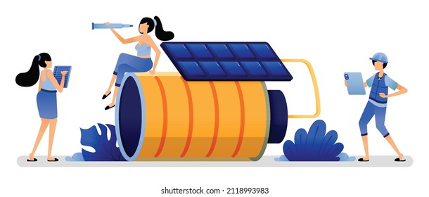 ilustración vectorial de la batería de litio con tecnología de níquel respetuosa con el medio ambiente cargada con paneles solares para mantener la sostenibilidad energética. Se puede usar para aplicaciones de sitios web pancartas volantes