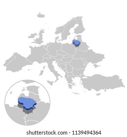 Vector illustration of Lithuania in blue on the grey model of Europe map with zooming replica of country.