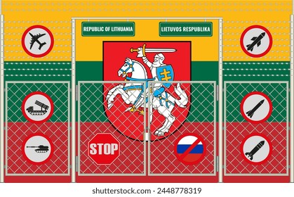 Vector illustration of Lithuania flag under the lattice. The concept of isolationism. No war.
