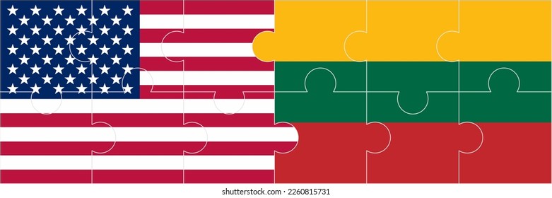 Vector illustration of Lithuania and USA flags in puzzle shape for banner and background. Two national flag icons for symbol of agreement, bilateral, negotiation, alliance, and politics.