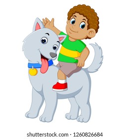 vector illustration of a litte boy is on the big grey dog for playing