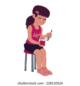 Vector illustration of a littel girl, eating fruit or vegetable puree or jam, on a white background