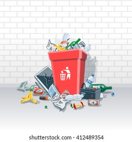 Vector illustration of littering garbage disposed improperly around the red plastic trash dust bin on the street in front of a wall. Messy waste is on the ground because the garbage can is full.