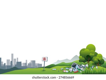 Vector illustration of littering in the green nature with the cityscape in the background. Trash is thrown away in the grass and trees even there is no littering sign. Place your text above.