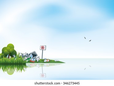 Vector illustration of littering in the green nature near the water source lake or river. Trash is thrown away in the grass and trees even there is no littering sign creating trash island. 