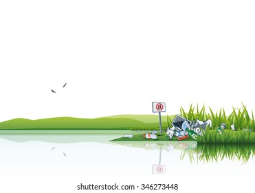 Vector illustration of littering in the green nature near the water source lake or river. Trash is thrown away in the grass even there is no littering sign. Place your text above.