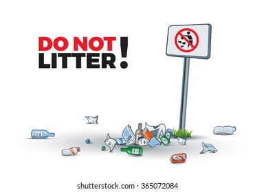 Vector illustration of littering near the No littering sign creating trash island. Place your text.